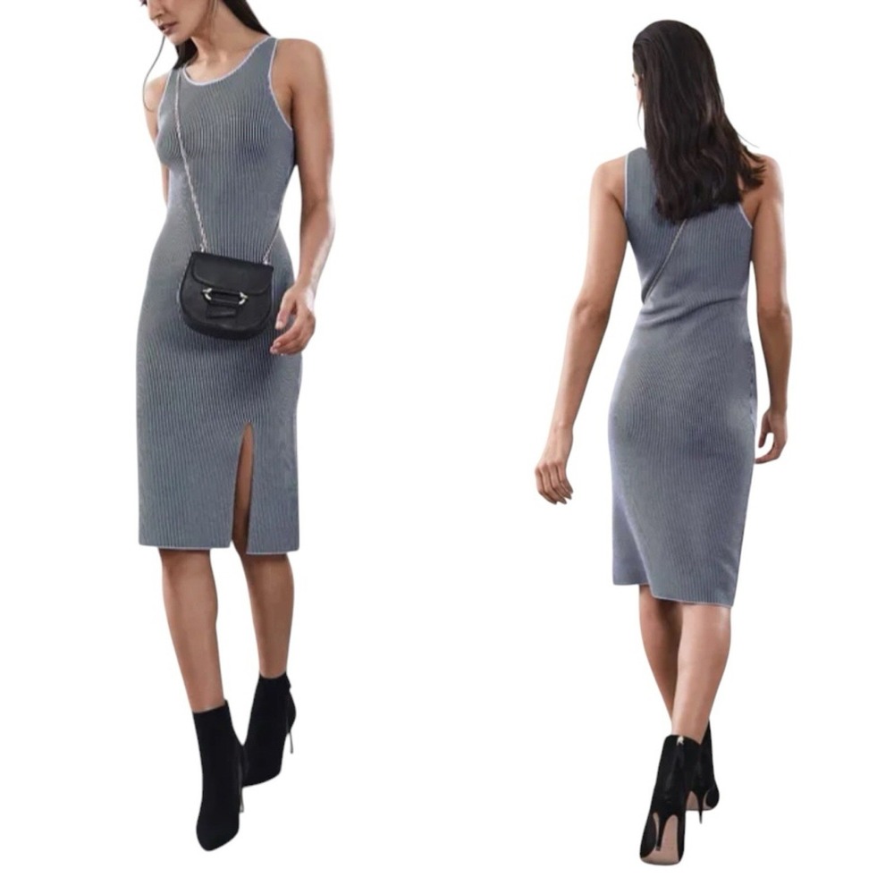 Reiss Dress Charlie Rib Knit Sleeveless Bodycon Stripe Midi Blue Size 8 NWOT